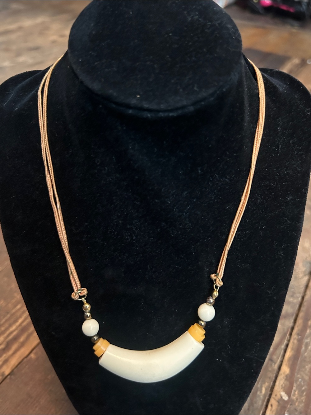 Vtg Hand-strung Faux Bone Pendant Necklace with Gold Fabric Cord
